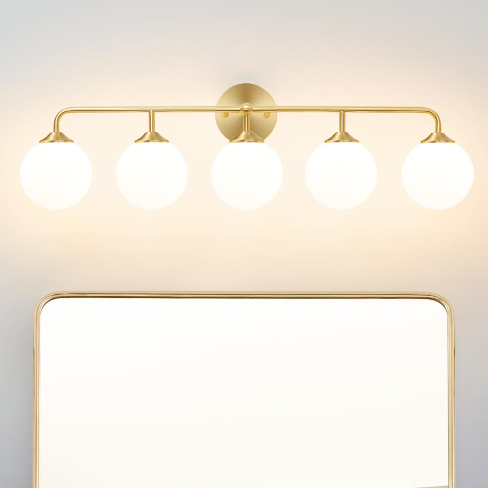 Modern Brushed Brass Bathroom Light Fixtures, Elegant Gold 4-Lights Vanity Light Fixtures, Milky White Globe Glass Shade Vanity Light over Mirror, Wall Sconces for Bathroom Dressing Table Bedroom