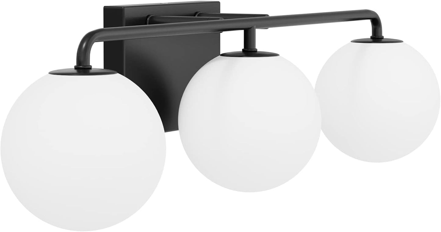 Tipace Mid Century Modern Bathroom Vanity Lights Fixtures 3-Light Black Milk White Globe Glass Industrial Vanity Lighting Over Mirror (Exclude Bulb)