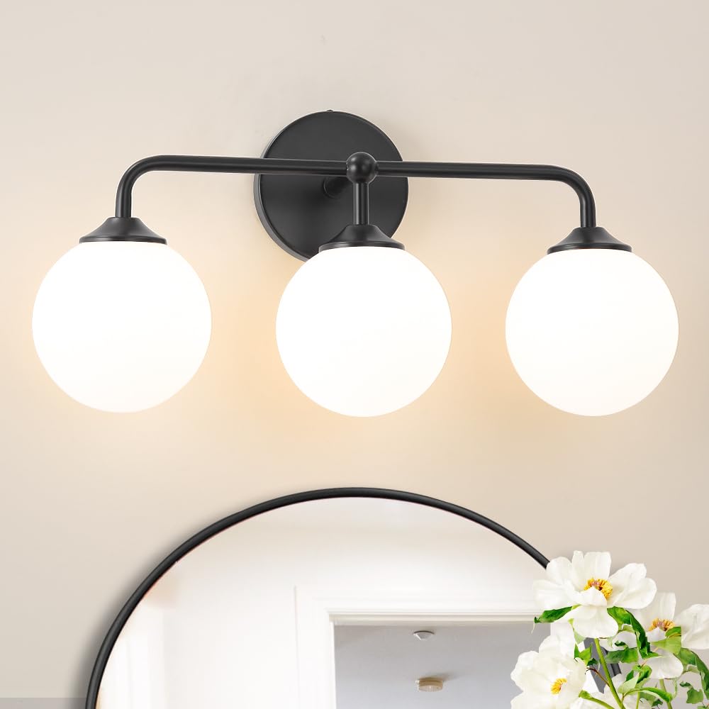 Modern Brushed Brass Bathroom Light Fixtures, Elegant Gold 4-Lights Vanity Light Fixtures, Milky White Globe Glass Shade Vanity Light over Mirror, Wall Sconces for Bathroom Dressing Table Bedroom