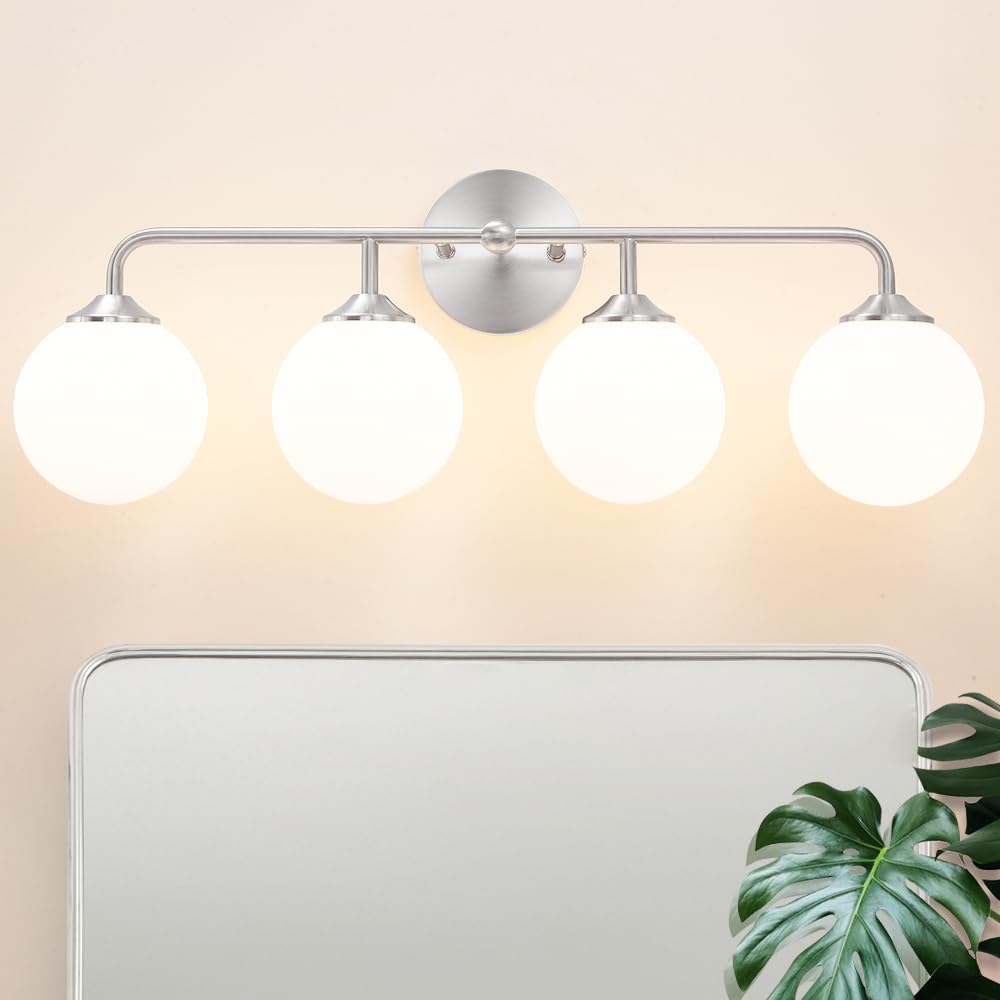 Modern Brushed Brass Bathroom Light Fixtures, Elegant Gold 4-Lights Vanity Light Fixtures, Milky White Globe Glass Shade Vanity Light over Mirror, Wall Sconces for Bathroom Dressing Table Bedroom