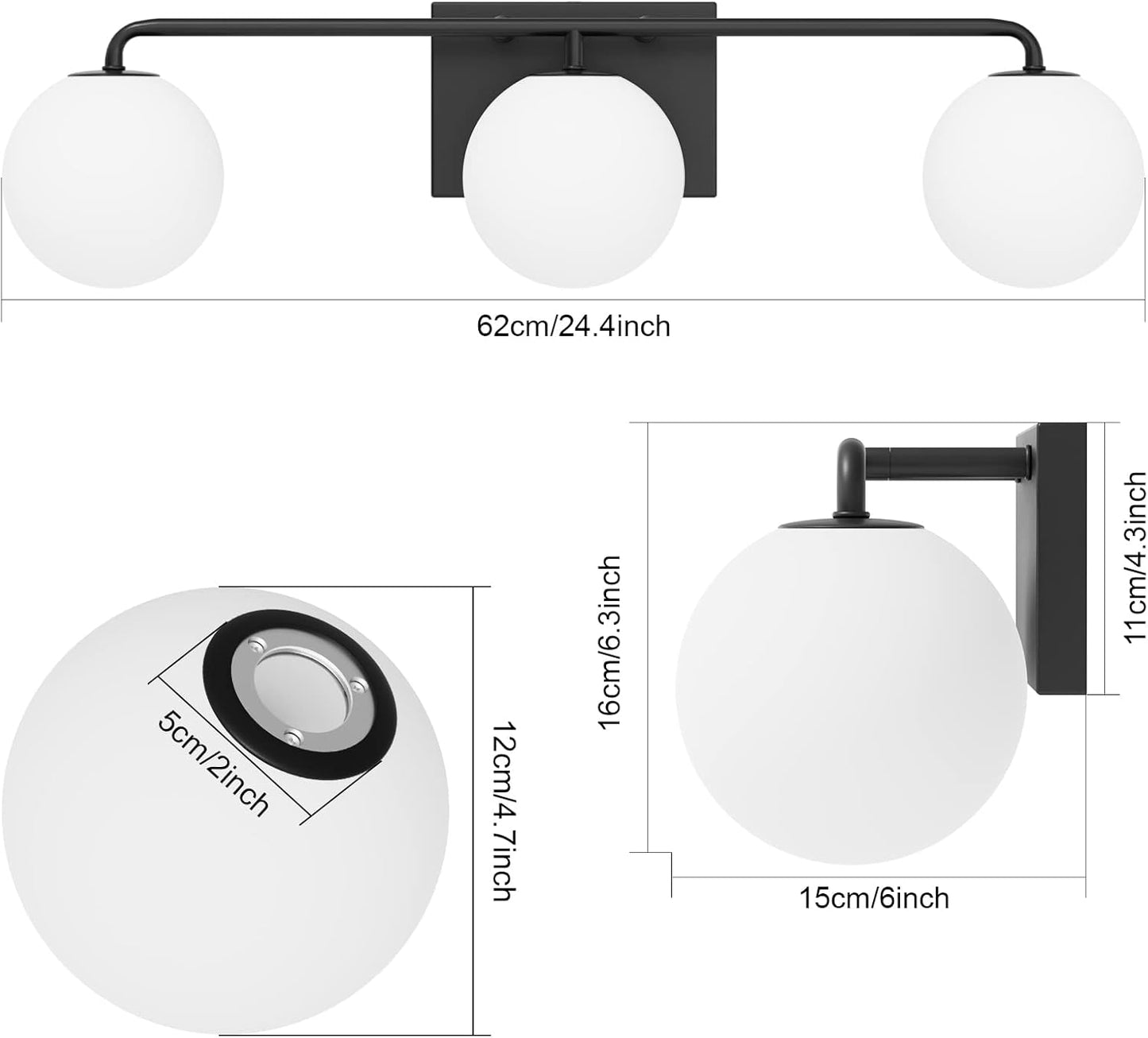 Tipace Mid Century Modern Bathroom Vanity Lights Fixtures 3-Light Black Milk White Globe Glass Industrial Vanity Lighting Over Mirror (Exclude Bulb)