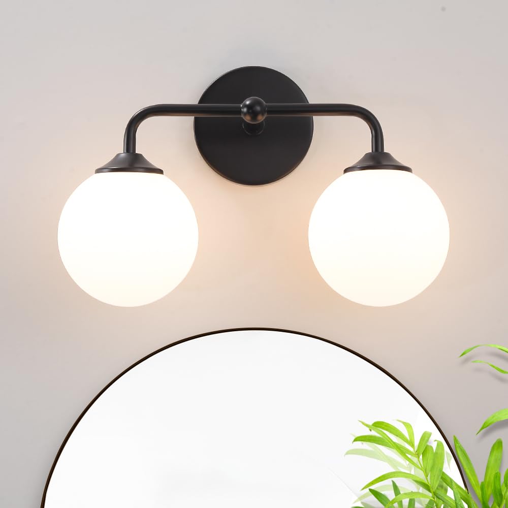 Modern Brushed Brass Bathroom Light Fixtures, Elegant Gold 4-Lights Vanity Light Fixtures, Milky White Globe Glass Shade Vanity Light over Mirror, Wall Sconces for Bathroom Dressing Table Bedroom