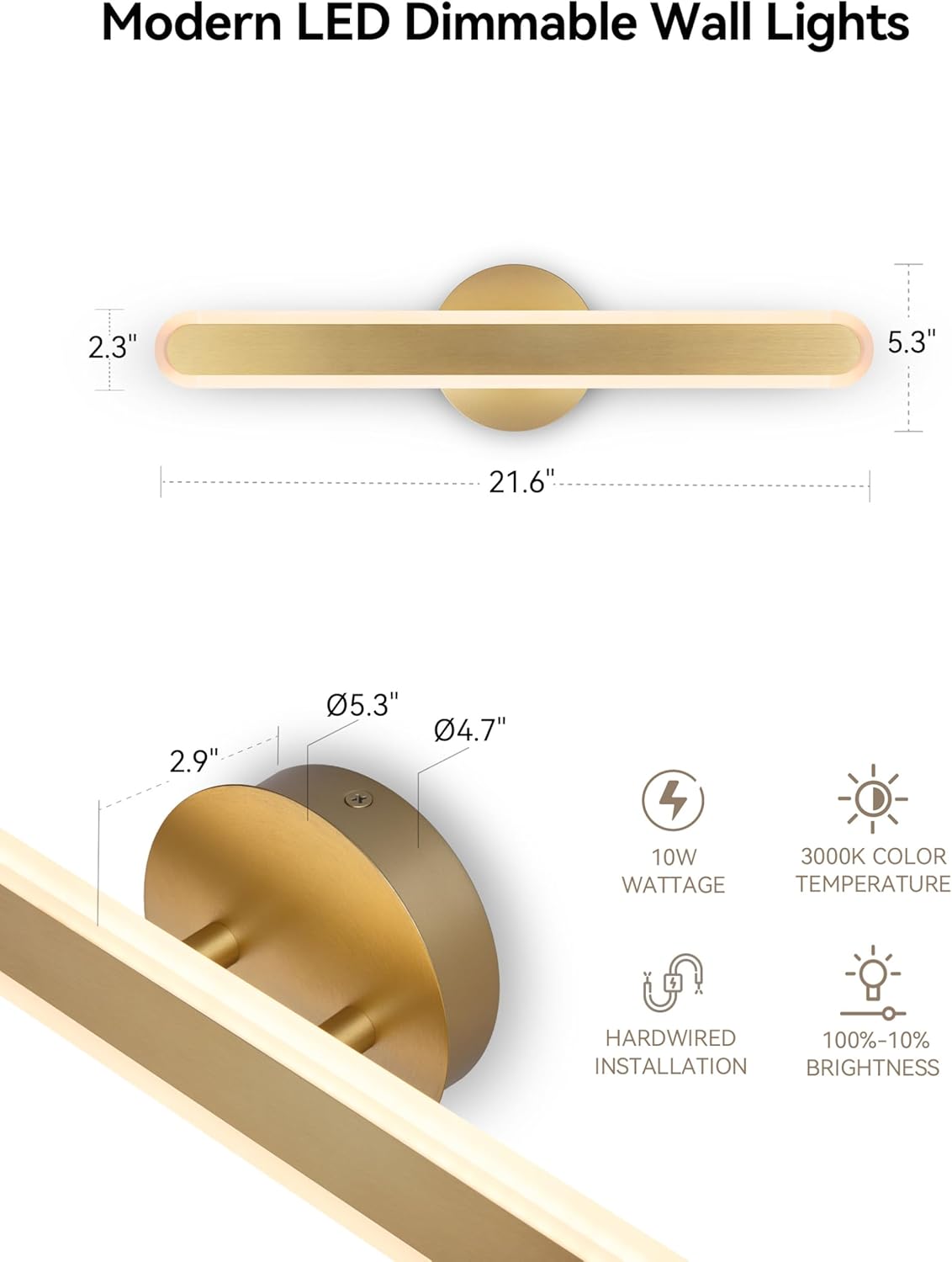 Tubicen Gold Bathroom Vanity Light Wall Light Fixture Over Mirror 10W LED Dimmable Modern Bathroom Sconce 21.6in Linear Wall Lights 3000K