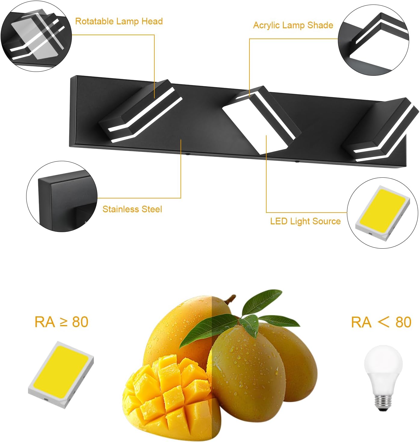 LED Modern Bathroom Vanity Light Fixtures (3-Light, 24-Inch), Matte Black Modern Acrylic Bathroom Wall Lighting Fixtures Over Mirror (Cool White 6000K)