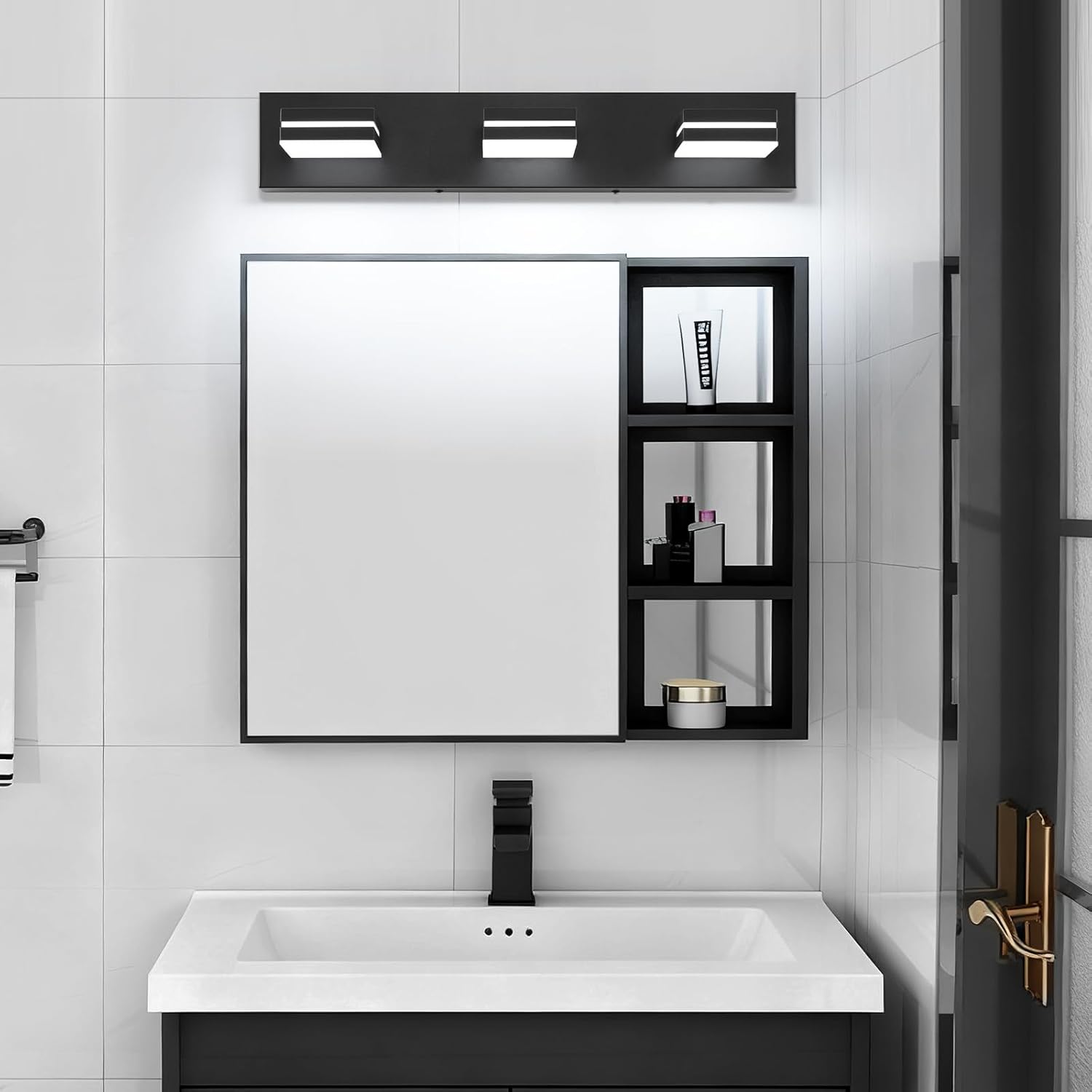 LED Modern Bathroom Vanity Light Fixtures (3-Light, 24-Inch), Matte Black Modern Acrylic Bathroom Wall Lighting Fixtures Over Mirror (Cool White 6000K)
