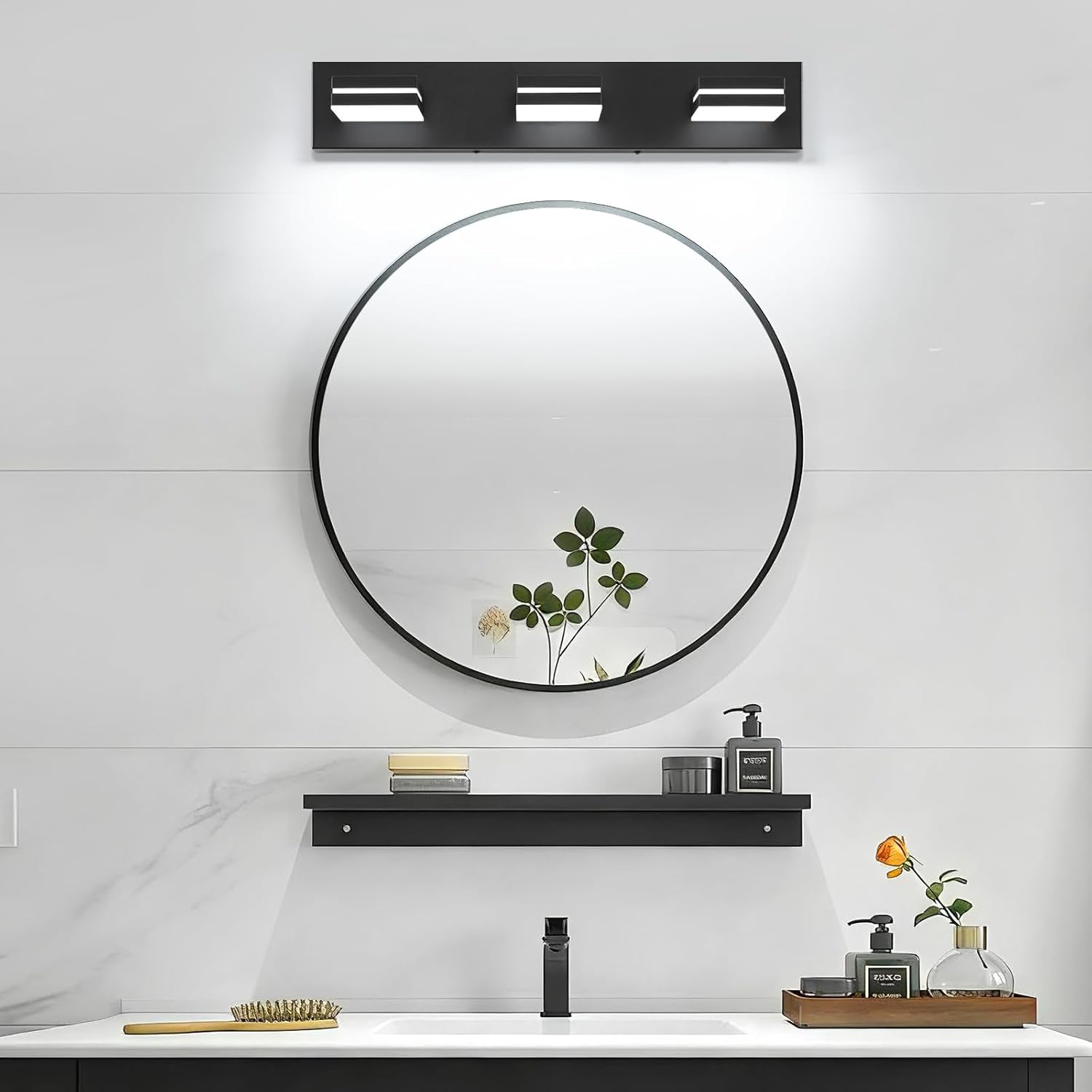 LED Modern Bathroom Vanity Light Fixtures (3-Light, 24-Inch), Matte Black Modern Acrylic Bathroom Wall Lighting Fixtures Over Mirror (Cool White 6000K)