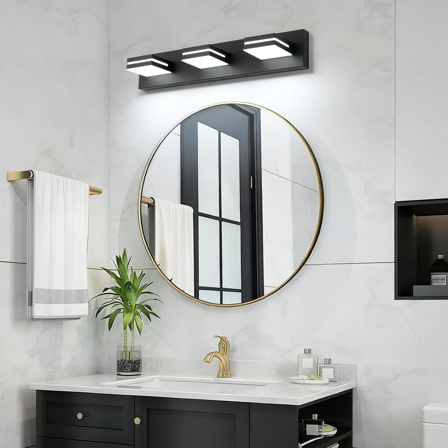 LED Modern Bathroom Vanity Light Fixtures (3-Light, 24-Inch), Matte Black Modern Acrylic Bathroom Wall Lighting Fixtures Over Mirror (Cool White 6000K)