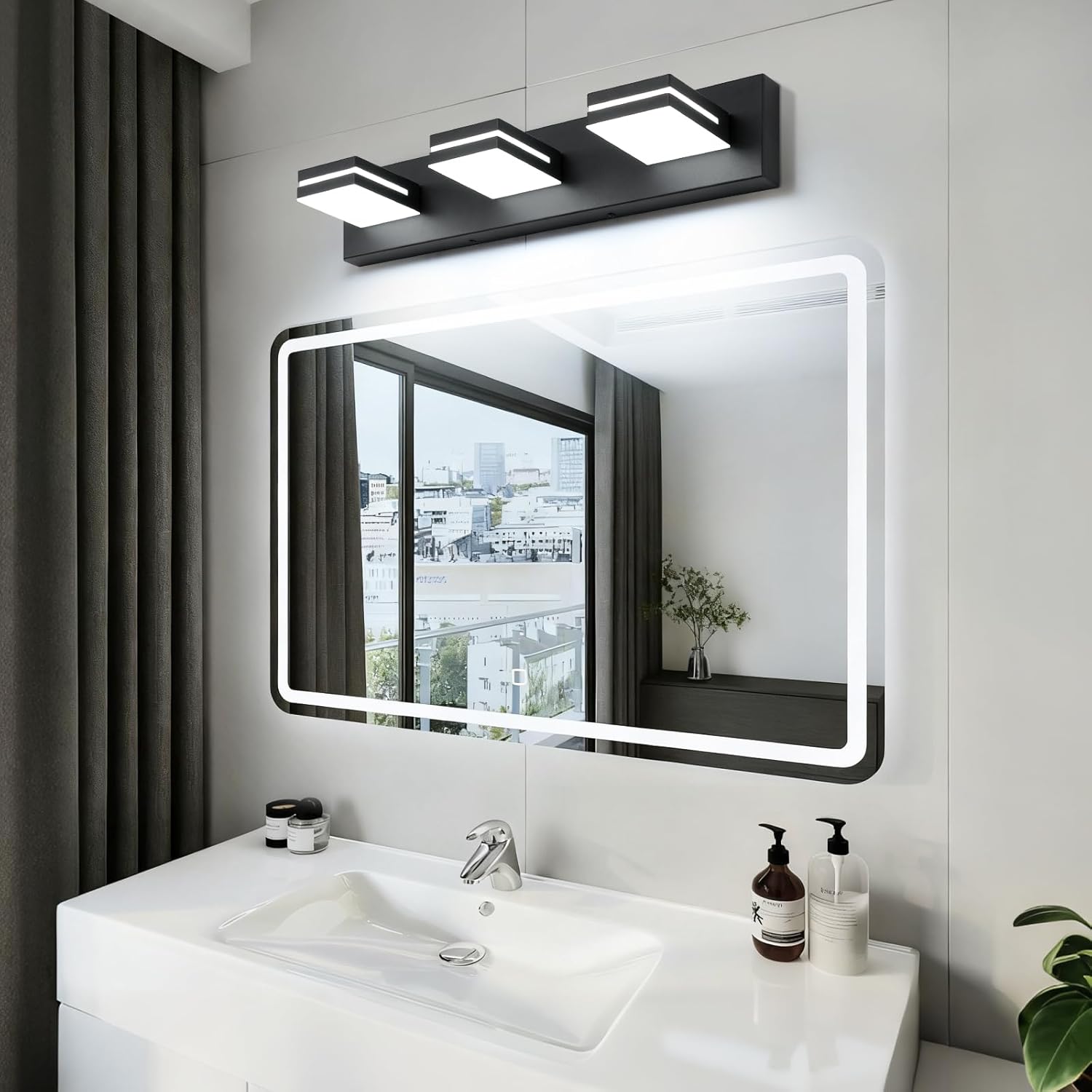 LED Modern Bathroom Vanity Light Fixtures (3-Light, 24-Inch), Matte Black Modern Acrylic Bathroom Wall Lighting Fixtures Over Mirror (Cool White 6000K)