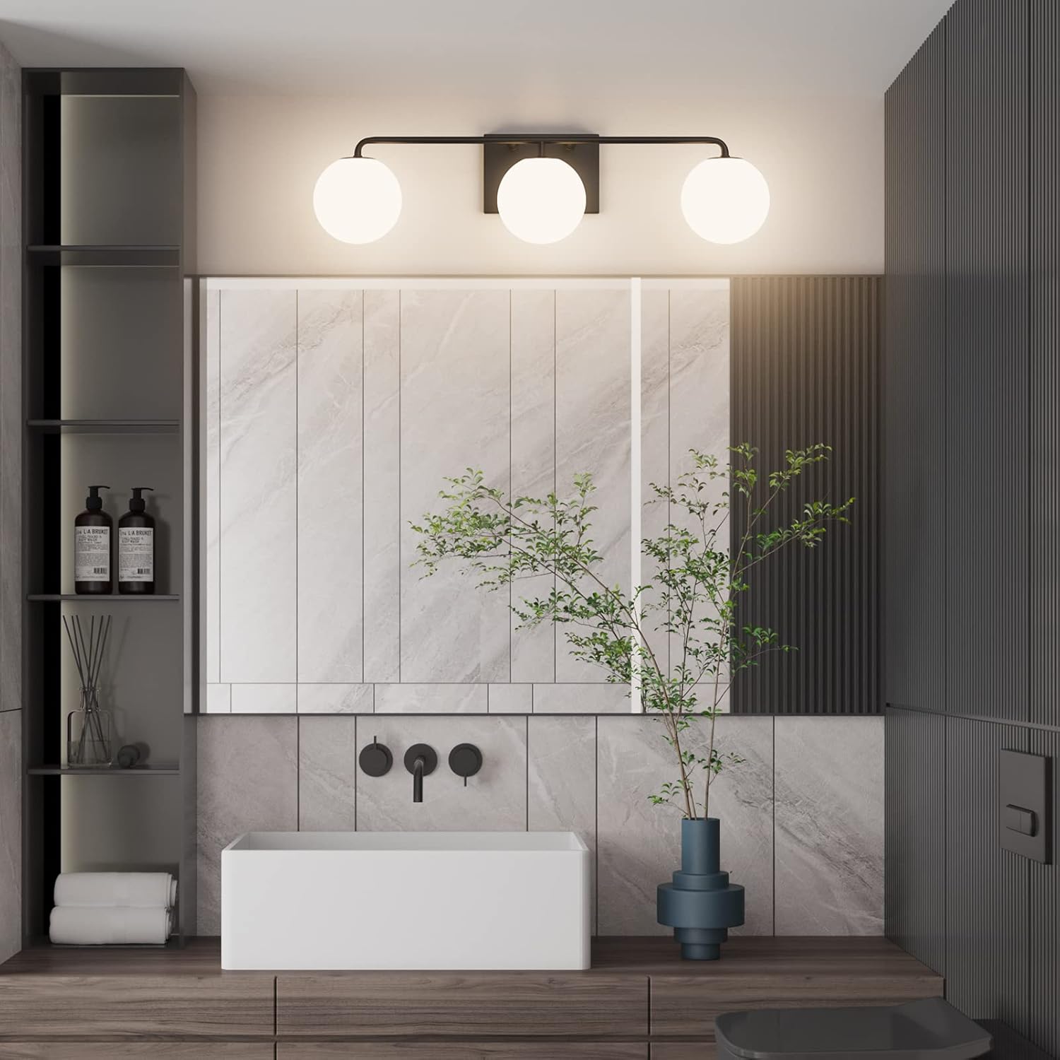Tipace Mid Century Modern Bathroom Vanity Lights Fixtures 3-Light Black Milk White Globe Glass Industrial Vanity Lighting Over Mirror (Exclude Bulb)