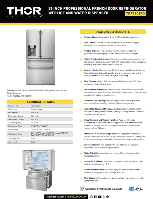THOR KITCHEN 36 INCH PROFESSIONAL FRENCH DOOR REFRIGERATOR WITH ICE AND WATER DISPENSER – MODEL TRF3601FD